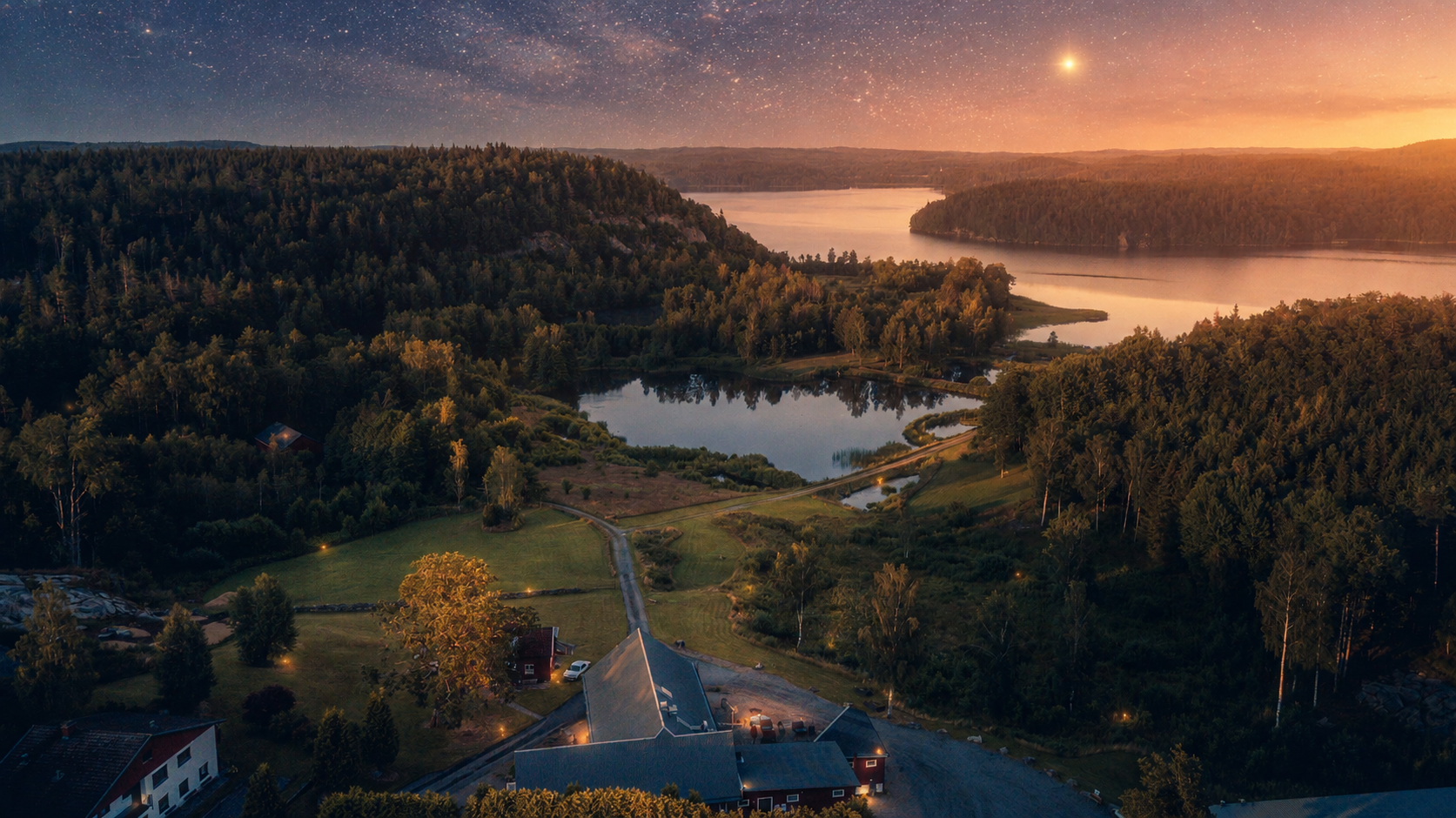 Aerial view of the lakes and forests surrounding Sju Sjöar