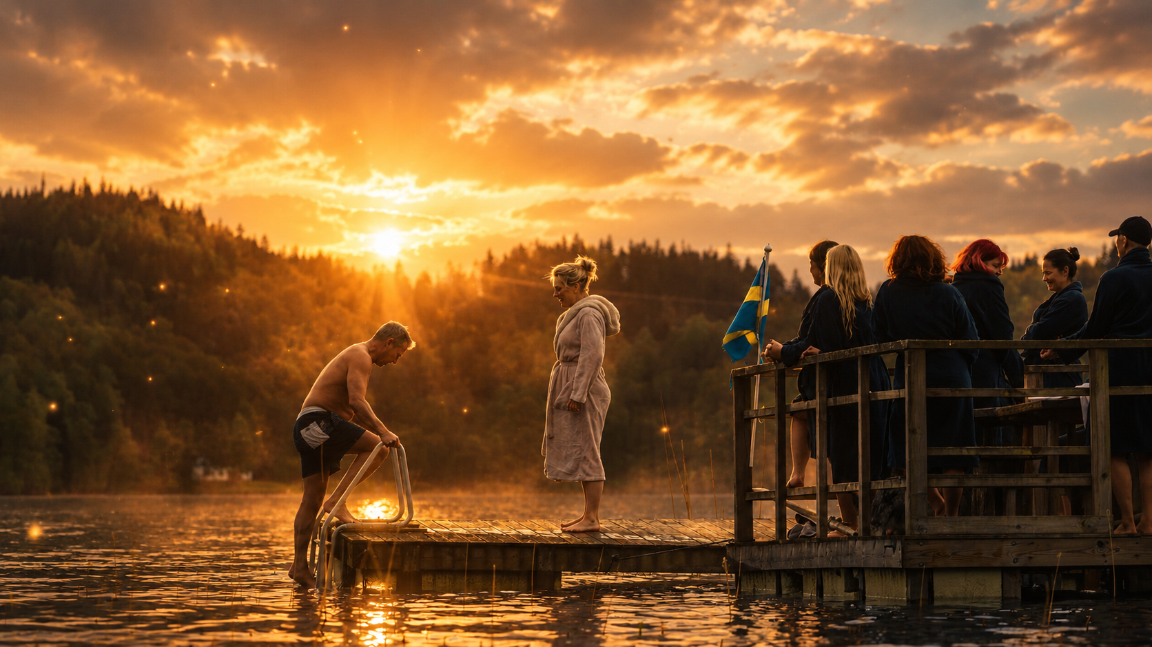 Lakeside sauna cabin on the wooden dock at Sju Sjöar