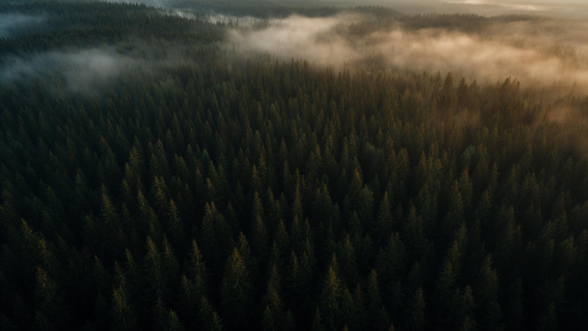 Misty Nordic spruce forest at dawn